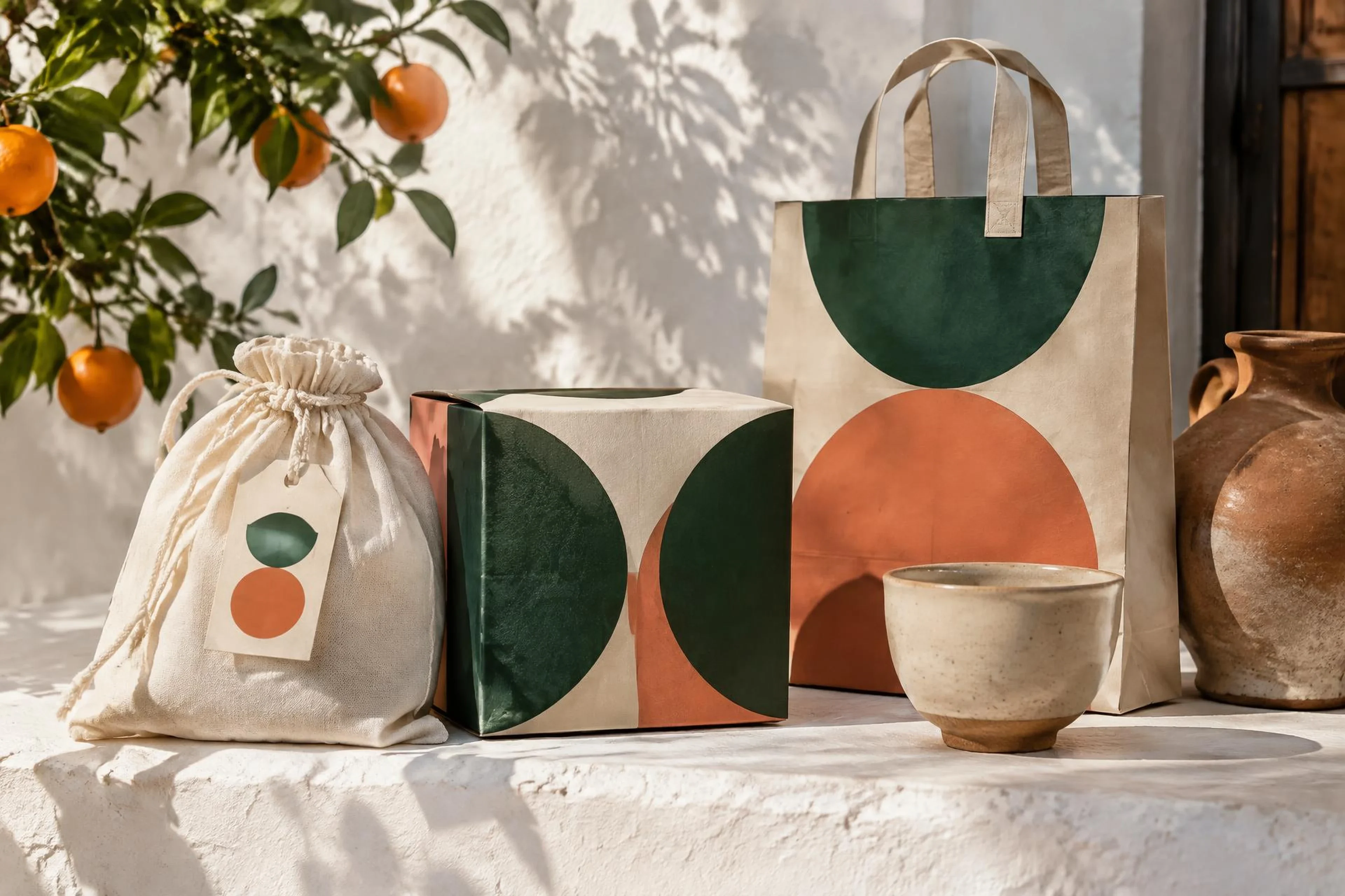 Envases y bolsas con identidad propia en una escena ilustrativa
