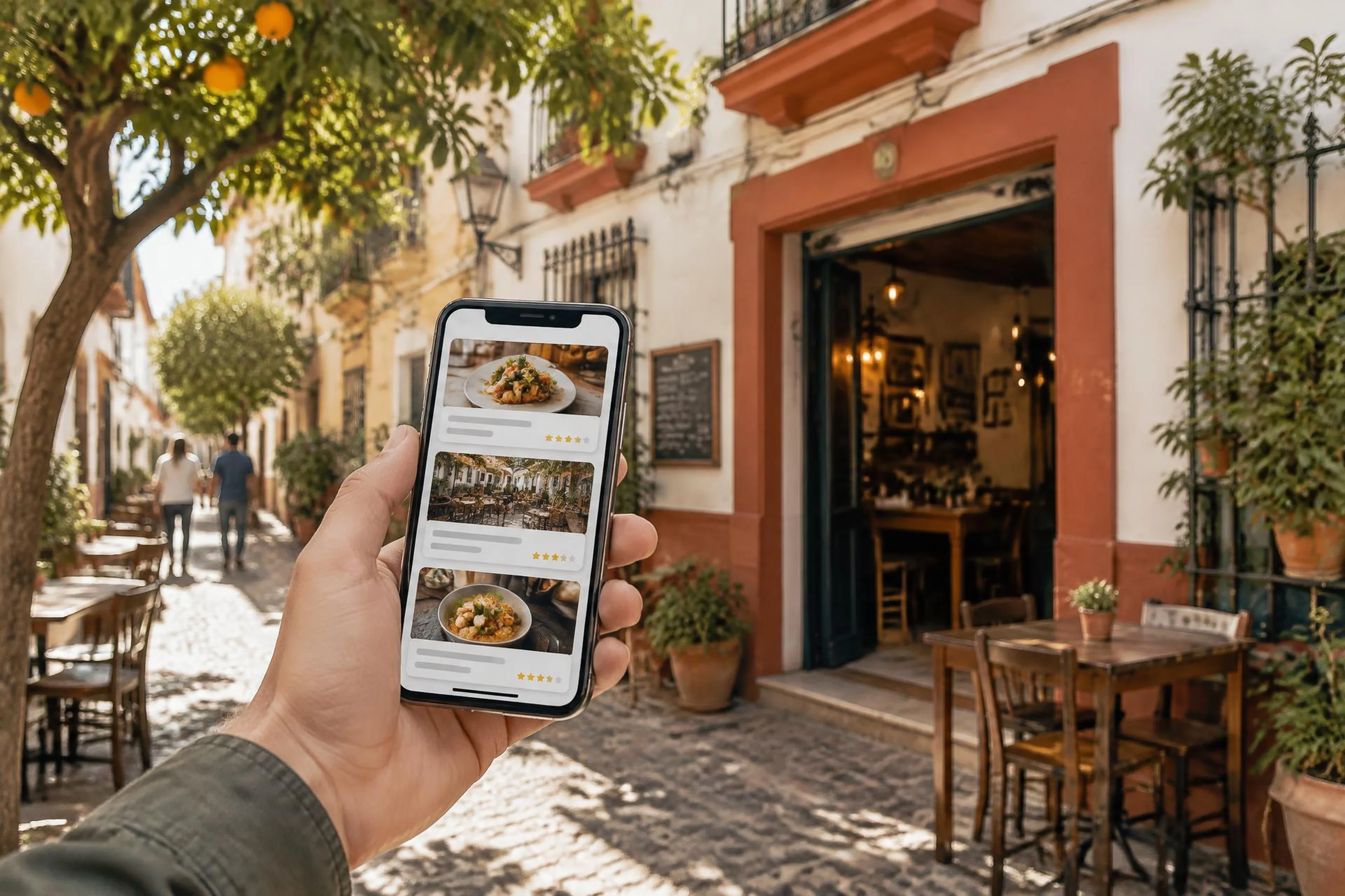 Consulta de oferta comercial en calle andaluza en una escena ilustrativa
