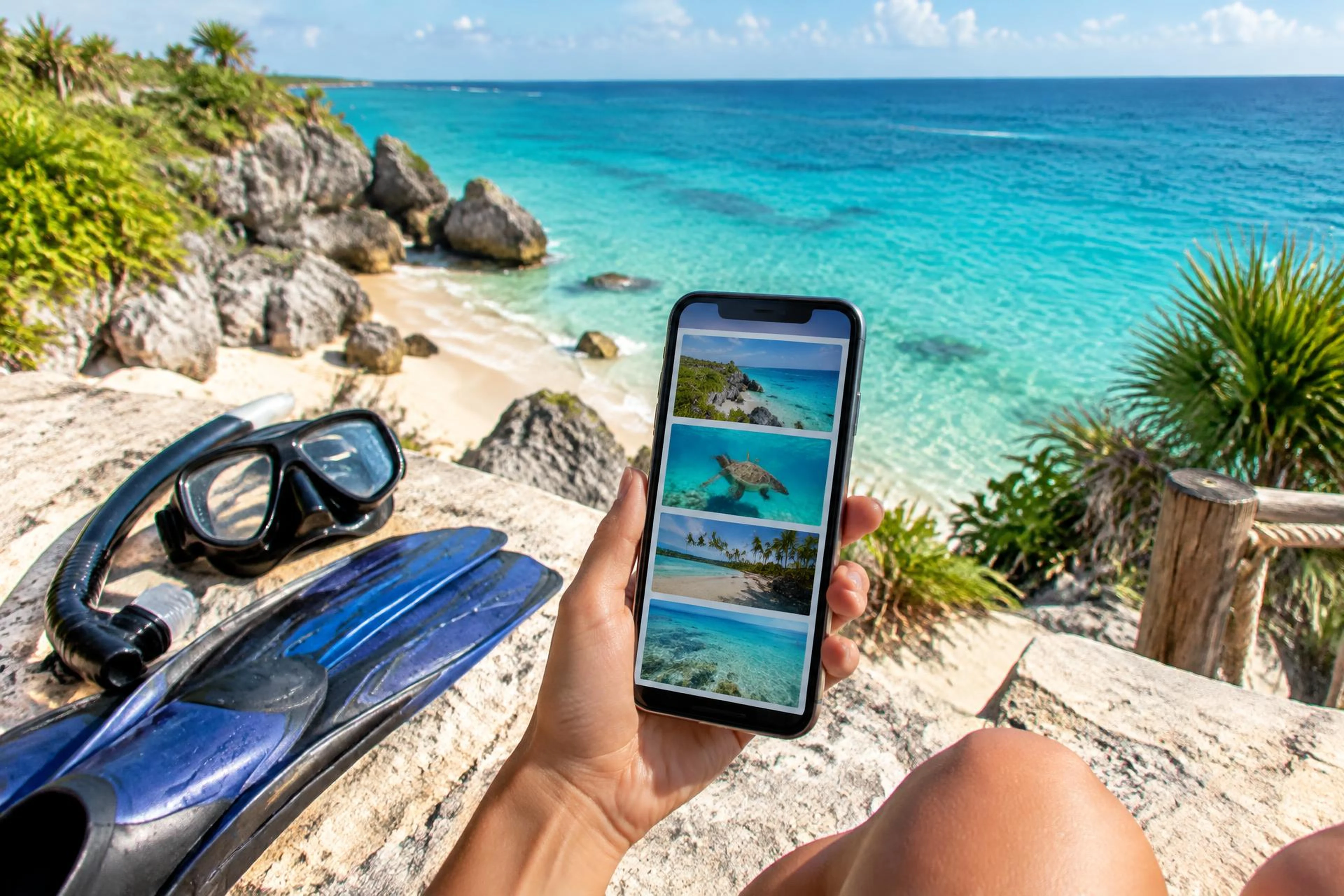 Escena ilustrativa de búsqueda de actividades frente a una costa caribeña