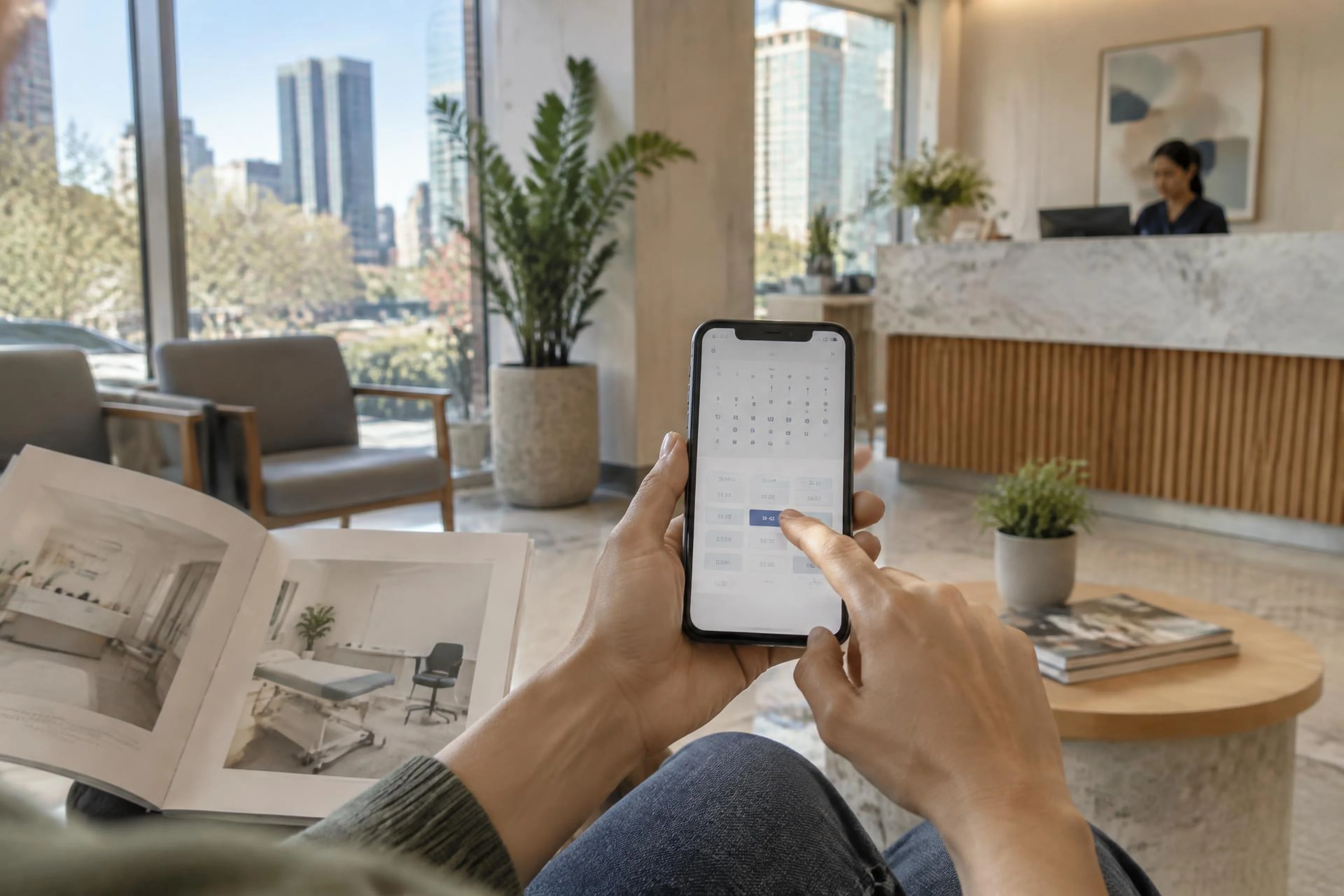 Escena ilustrativa de consulta de citas desde un teléfono en recepción