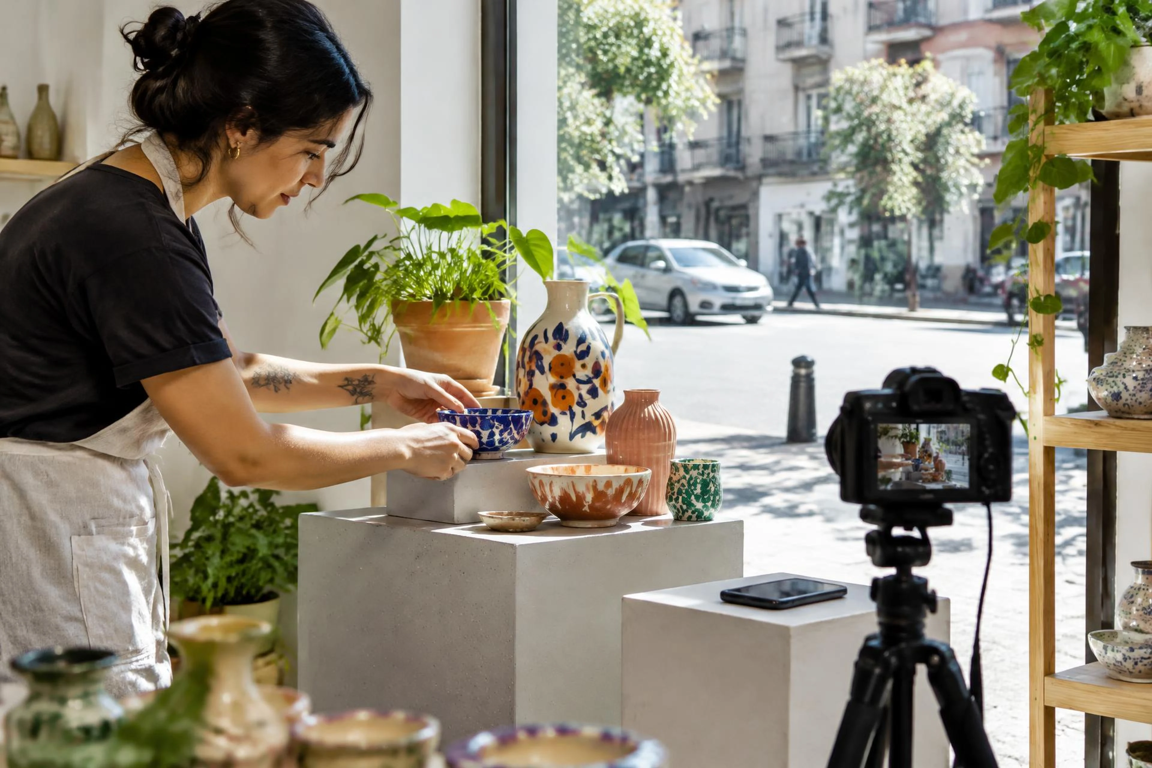 Escena ilustrativa de fotografía de productos en un comercio urbano