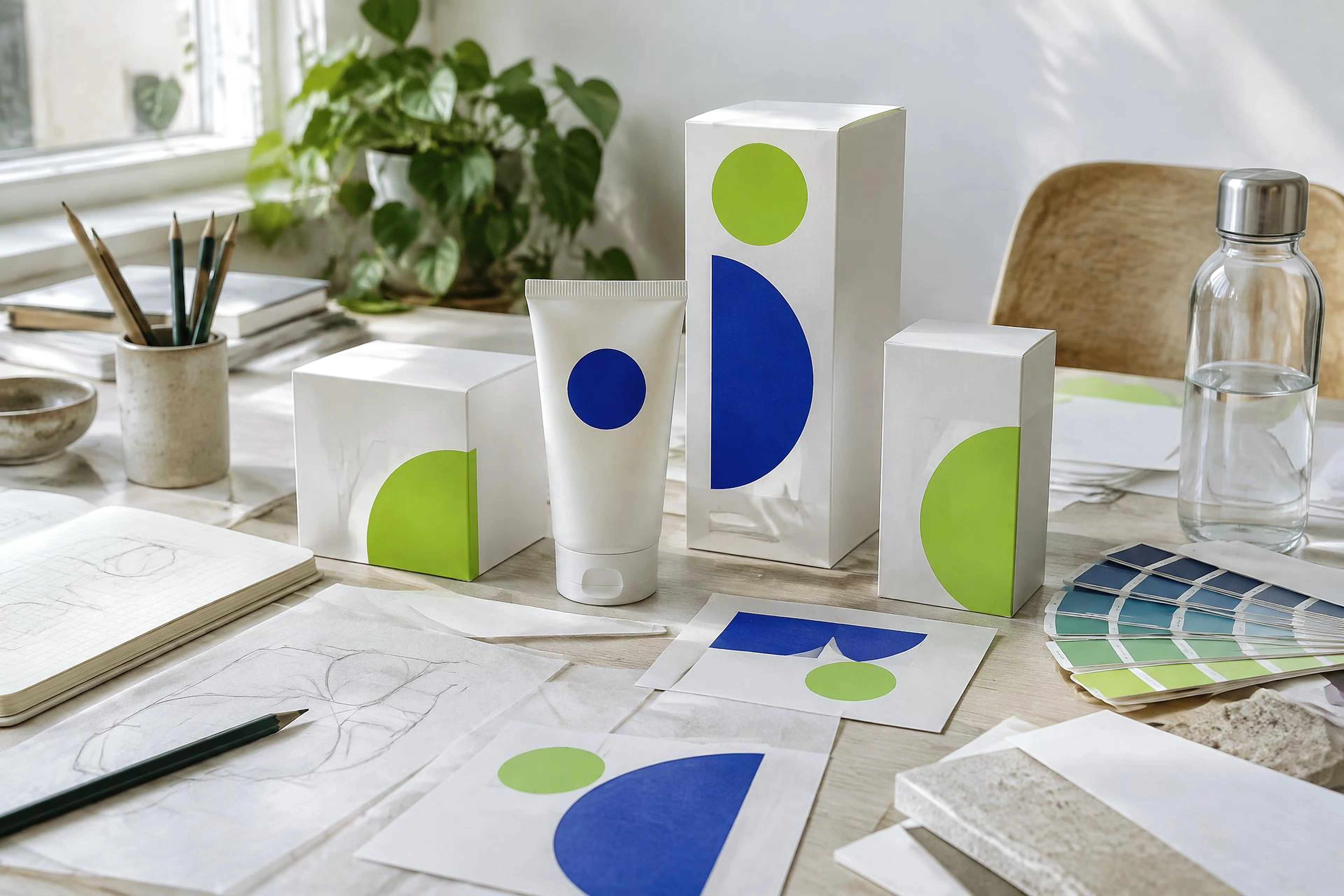 Visual identity exploration with color samples and packaging