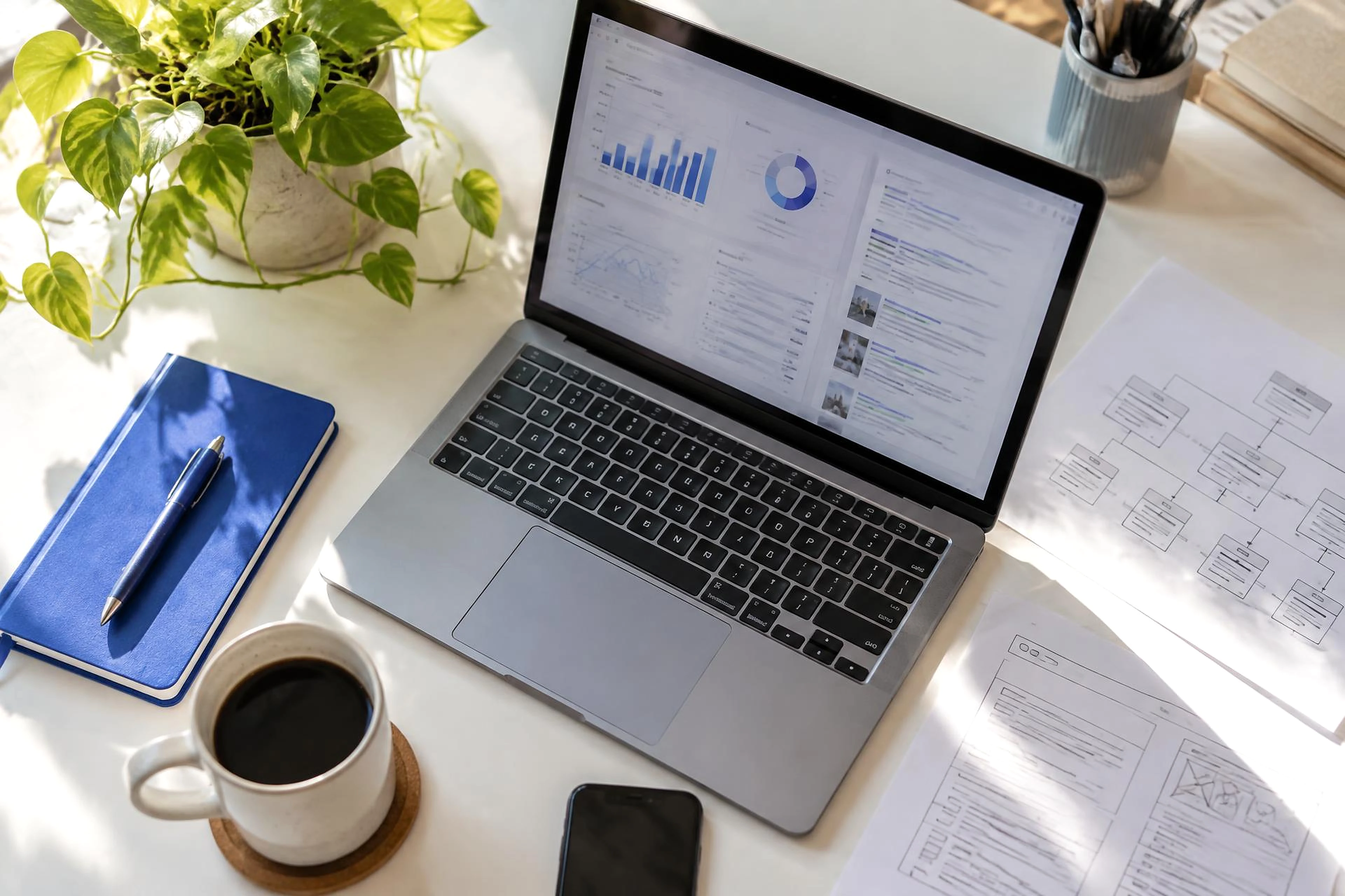 Search analysis and SEO architecture in a bright workspace