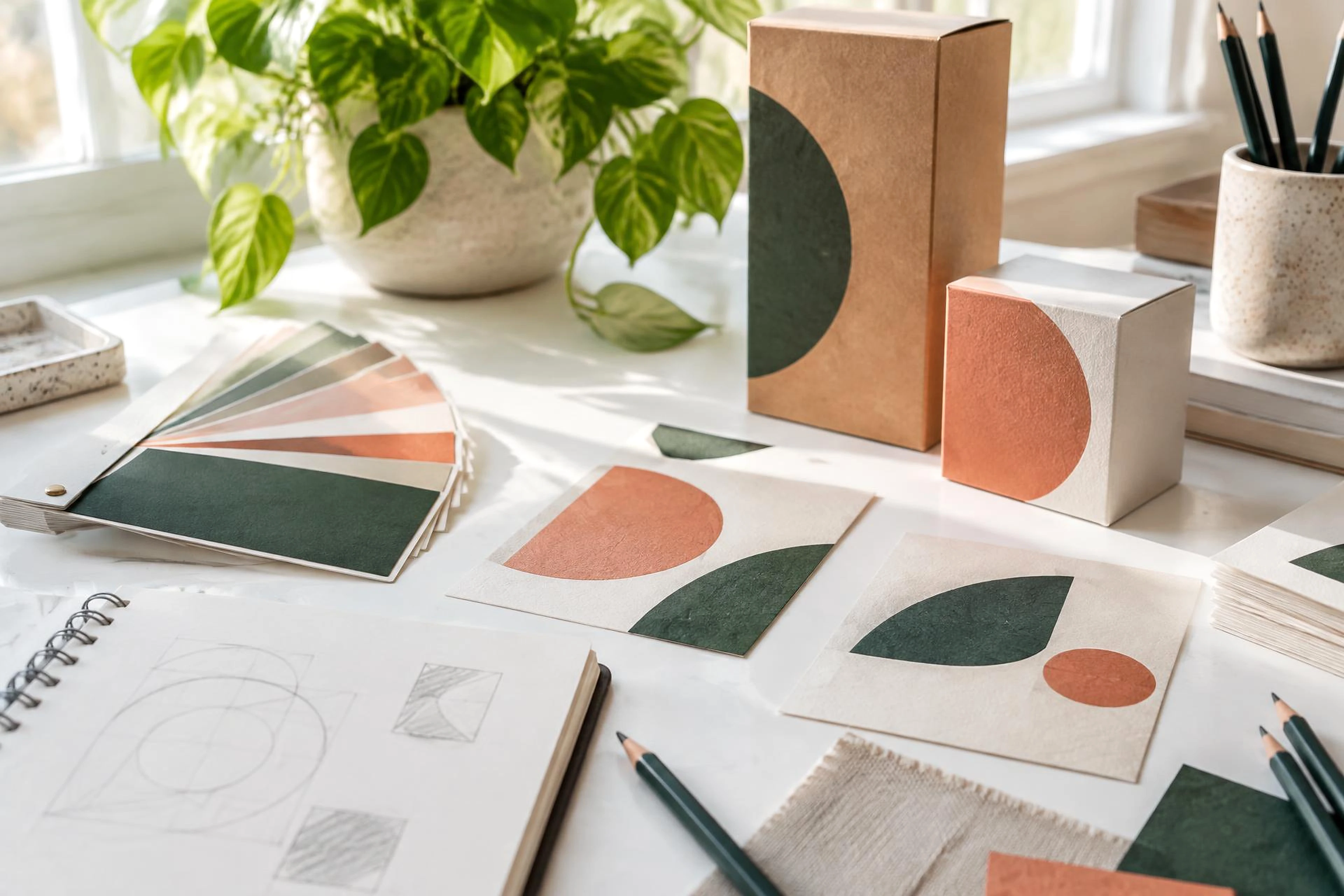 Exploración de identidad visual con muestras de color y empaques