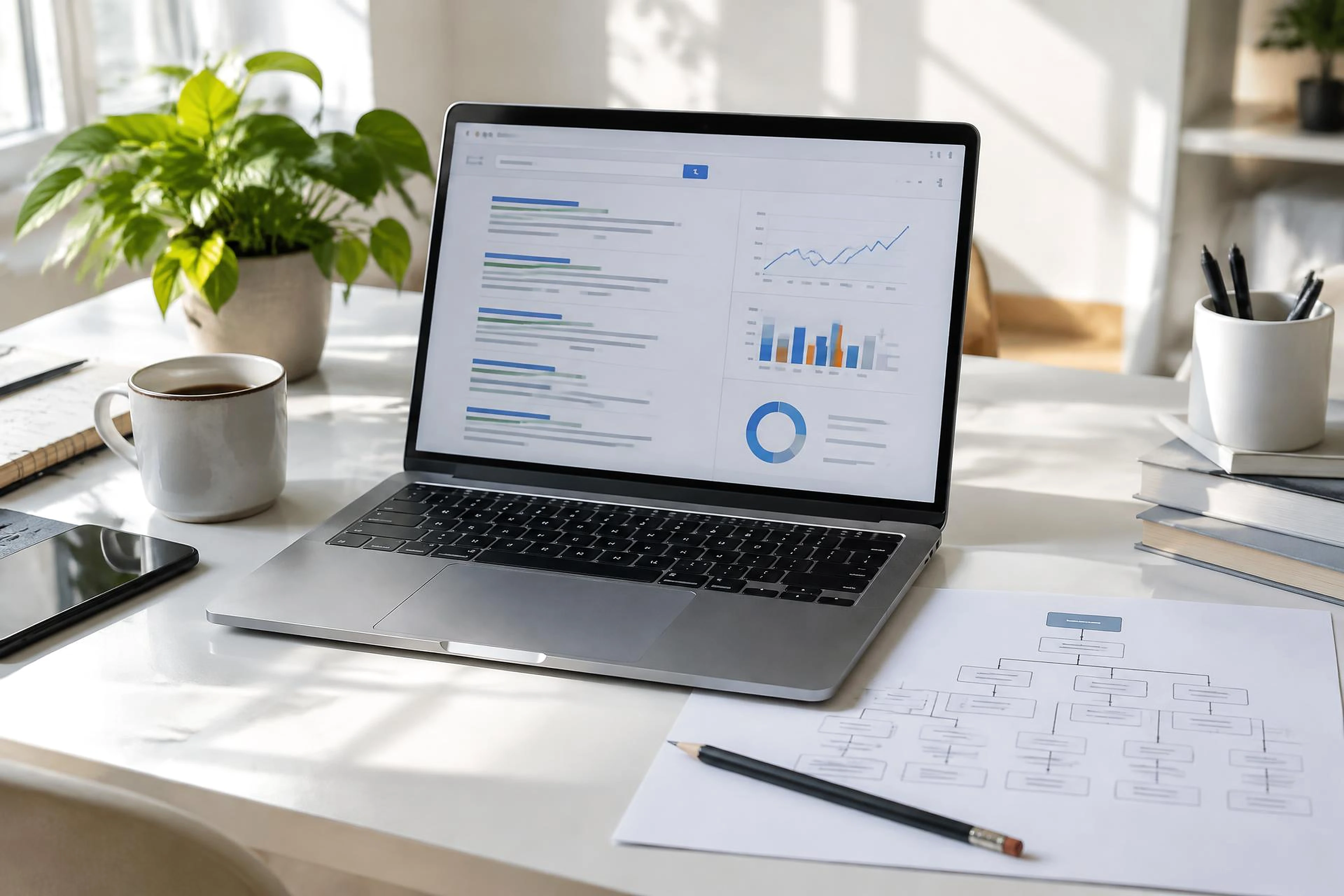 Análisis de búsquedas y arquitectura SEO en un espacio luminoso