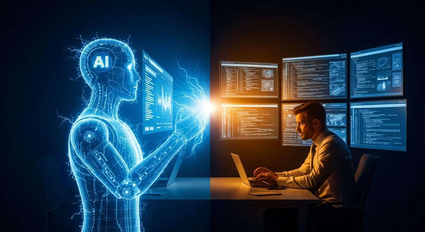 Ilustración sobre el uso de IA en desarrollo web: la diferencia entre usarla como experto vs sin conocimiento técnico — Diasan