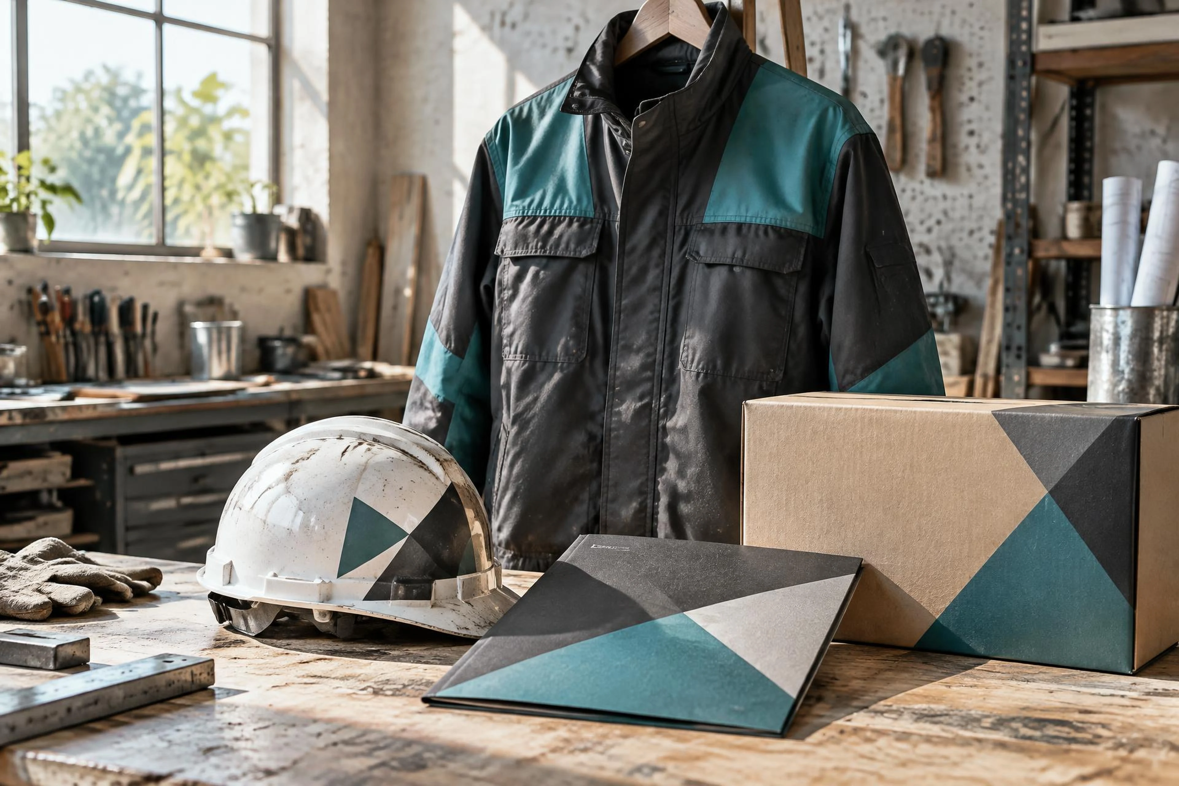 Aplicaciones ilustrativas de identidad en uniformes y materiales industriales