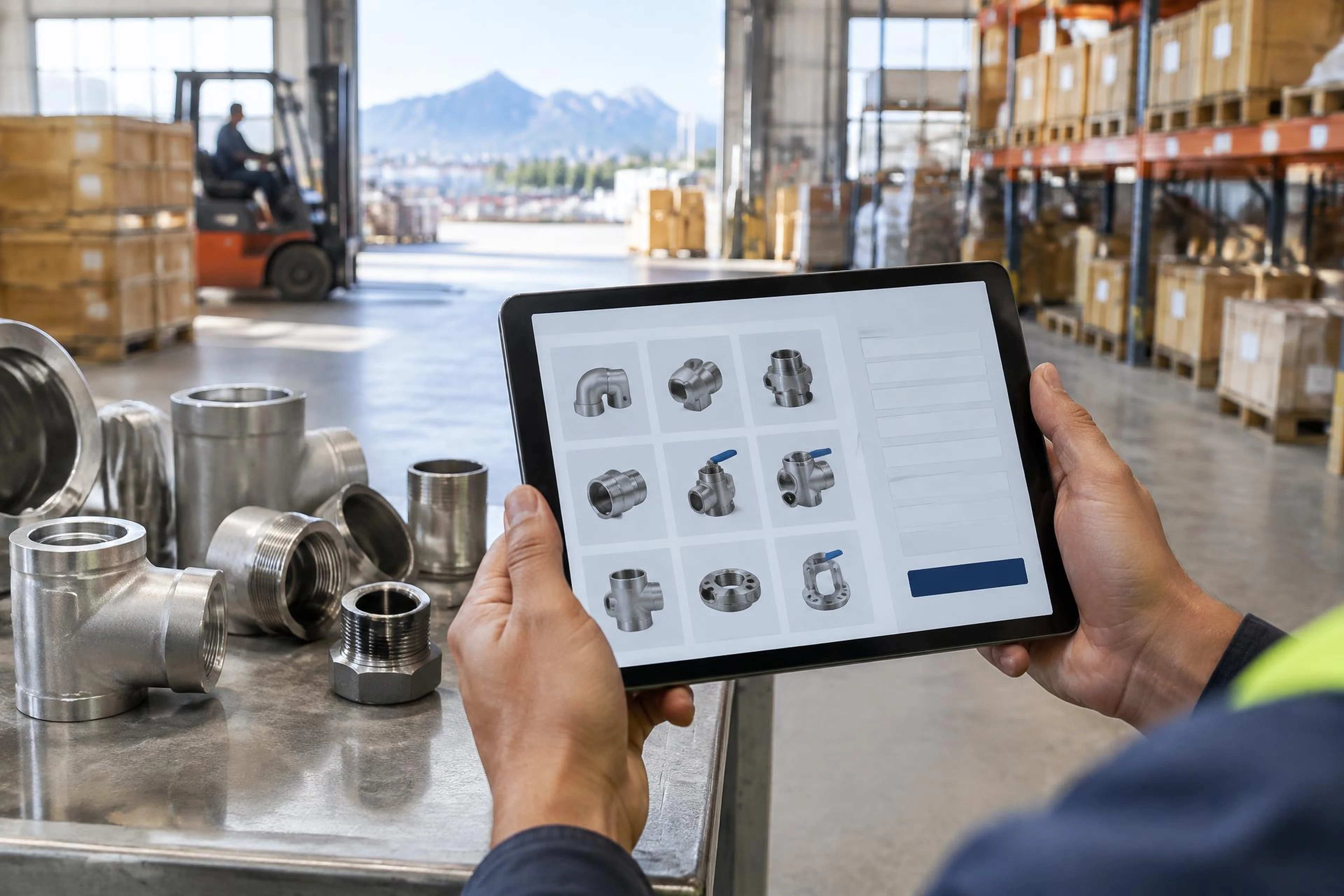 Escena ilustrativa de catálogo digital de productos industriales en una tableta