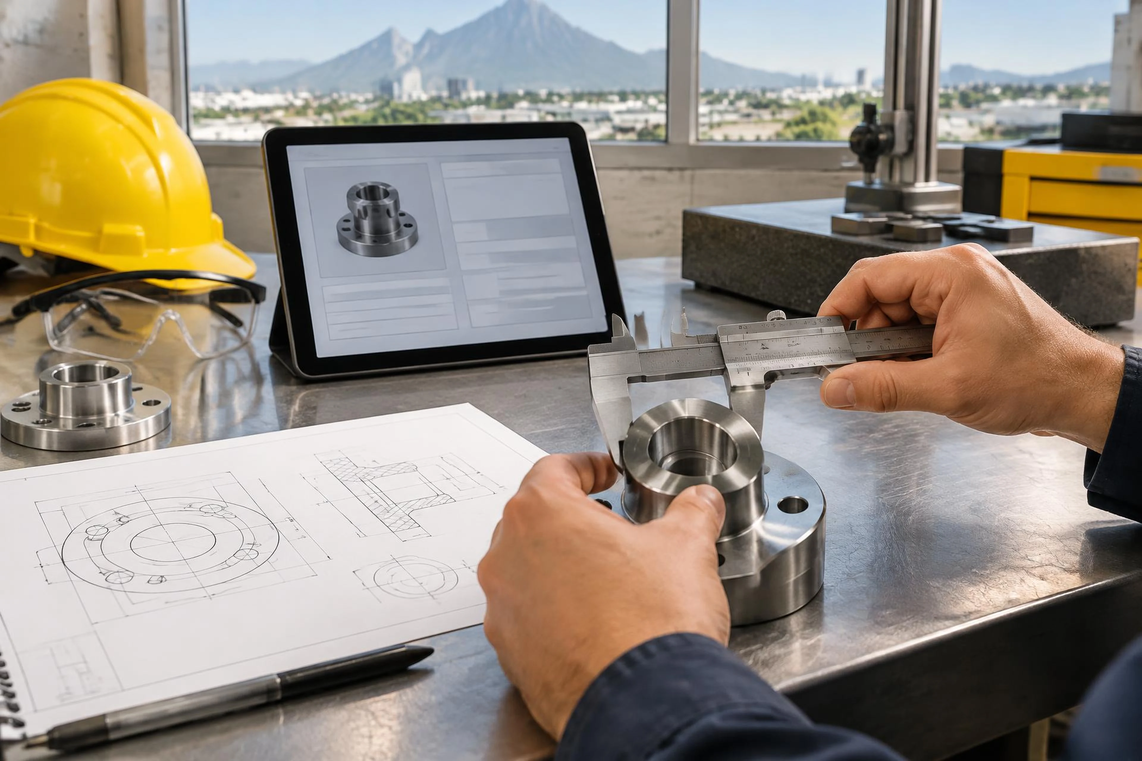 Escena ilustrativa de verificación de especificaciones de una pieza industrial