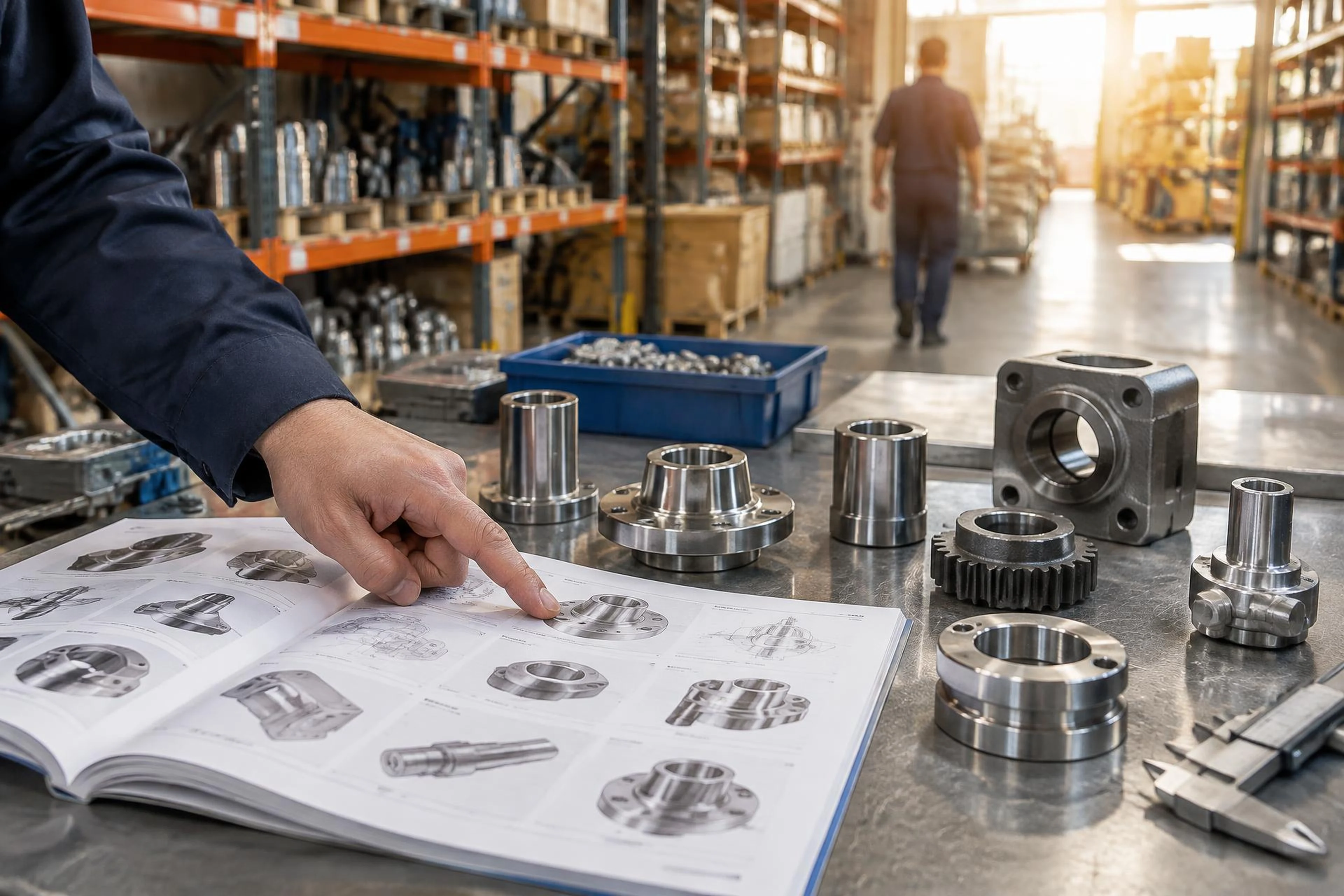 Escena ilustrativa de consulta de catálogo y componentes industriales