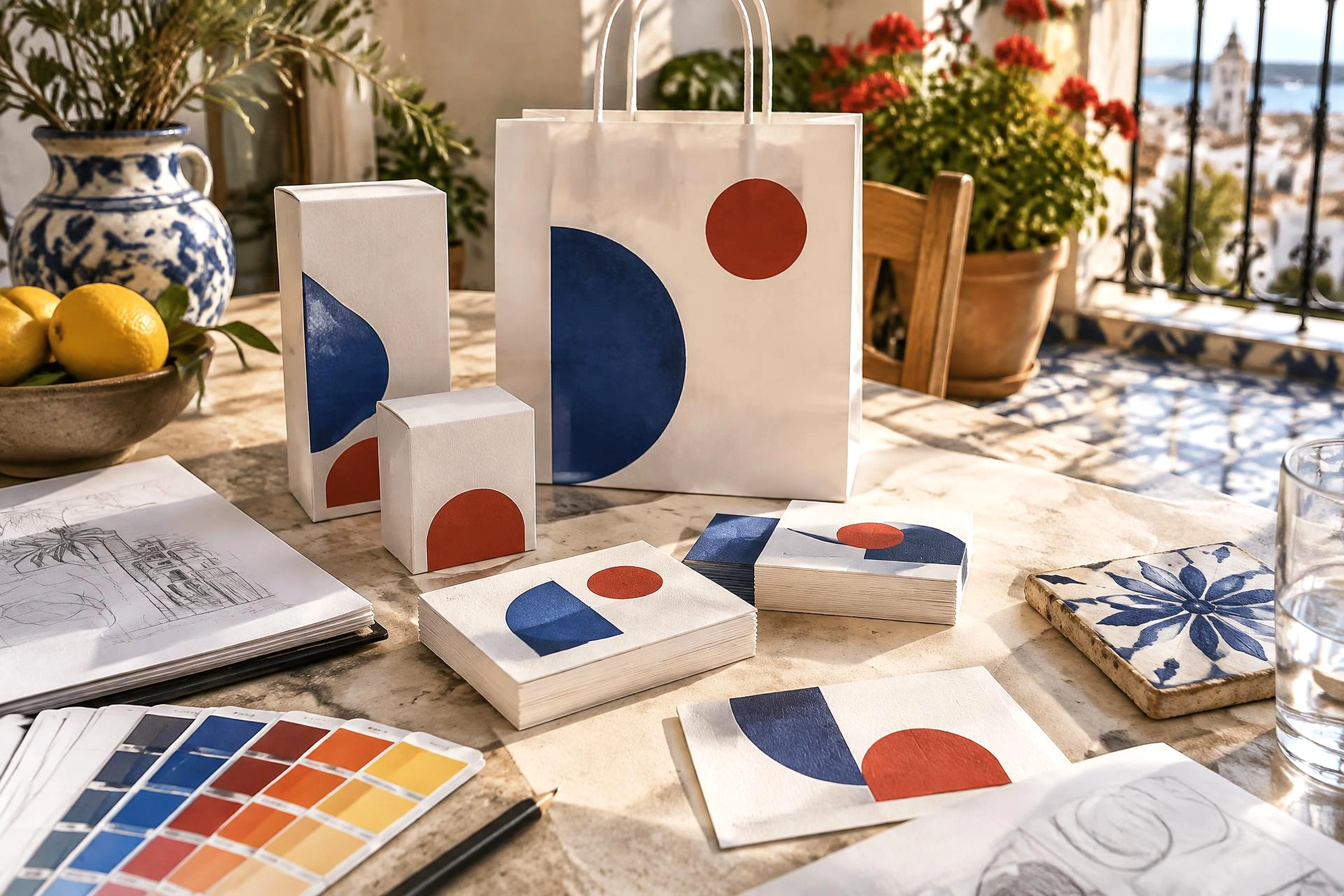 Exploración de identidad visual con muestras de color y empaques · España