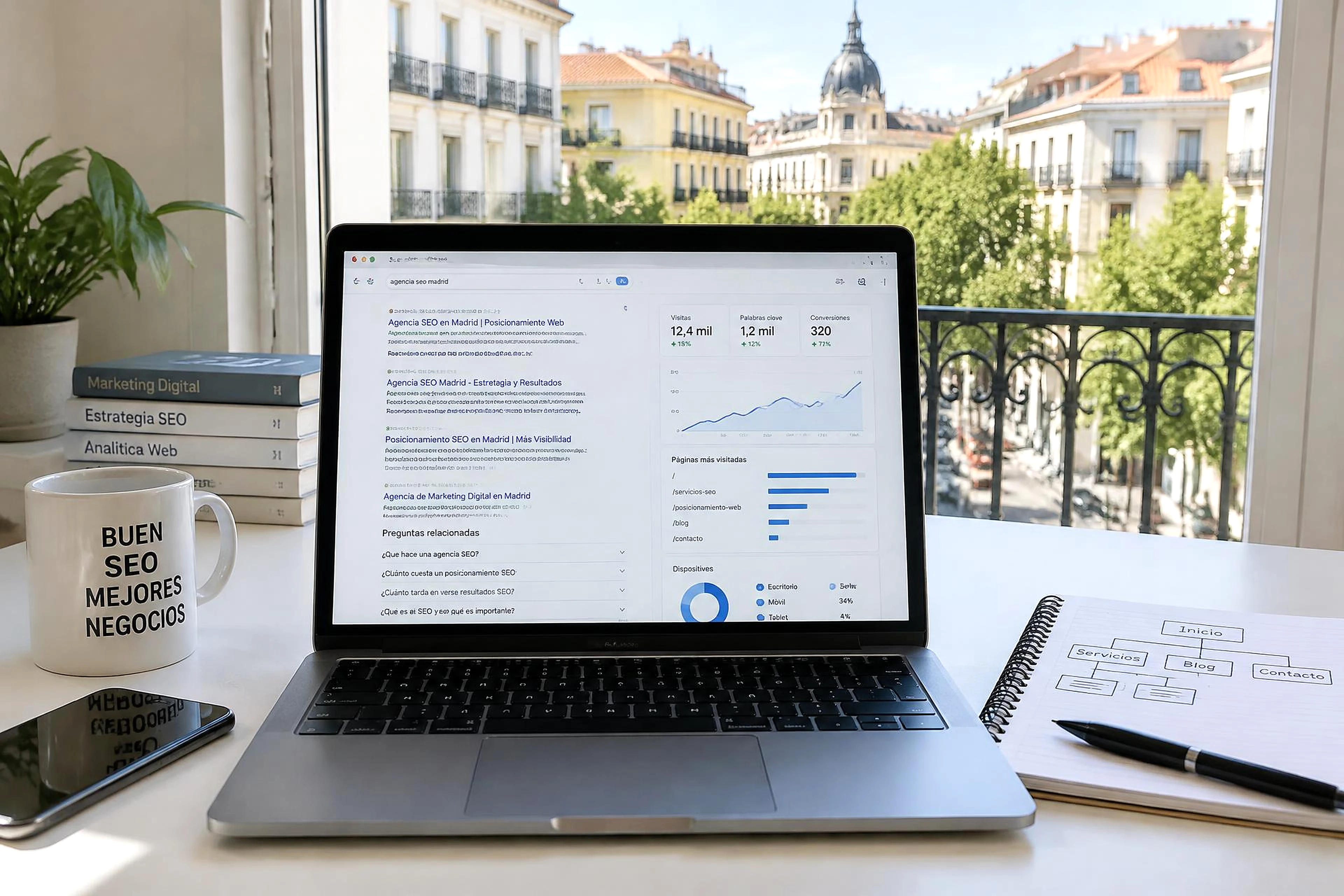 Análisis de búsquedas y arquitectura SEO en un espacio luminoso · España